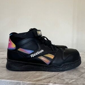 Reebok Women's BB4500 High Top Work Sneakers in black and holographic spectrum